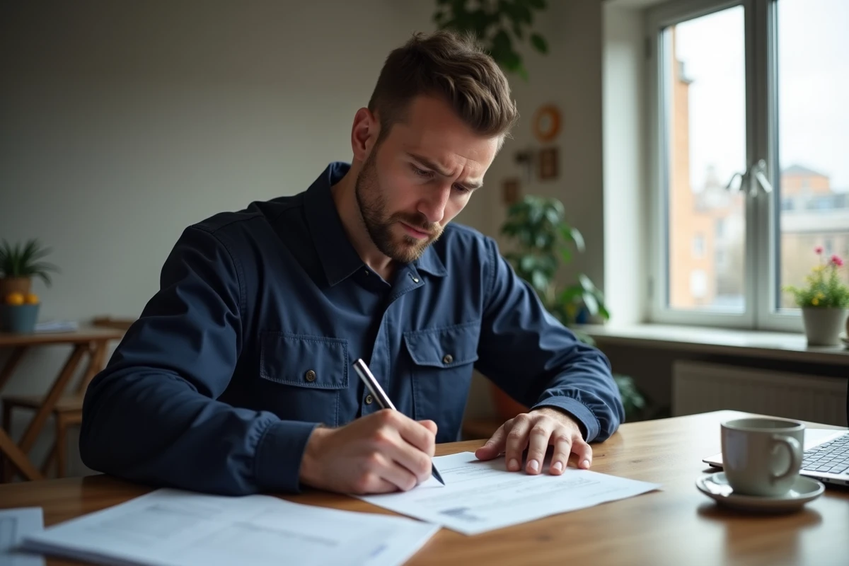 Jeune homme en uniforme remplissant des formulaires &agrave; la maison