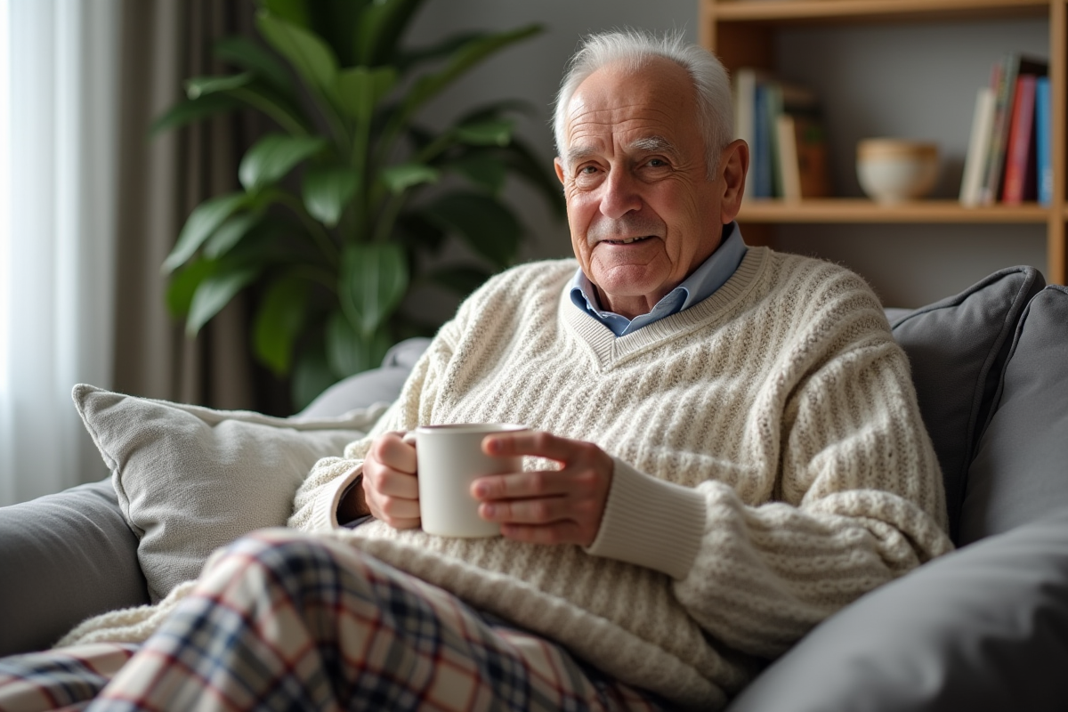 Homme âgé en pull et pyjama assis sur un canapé