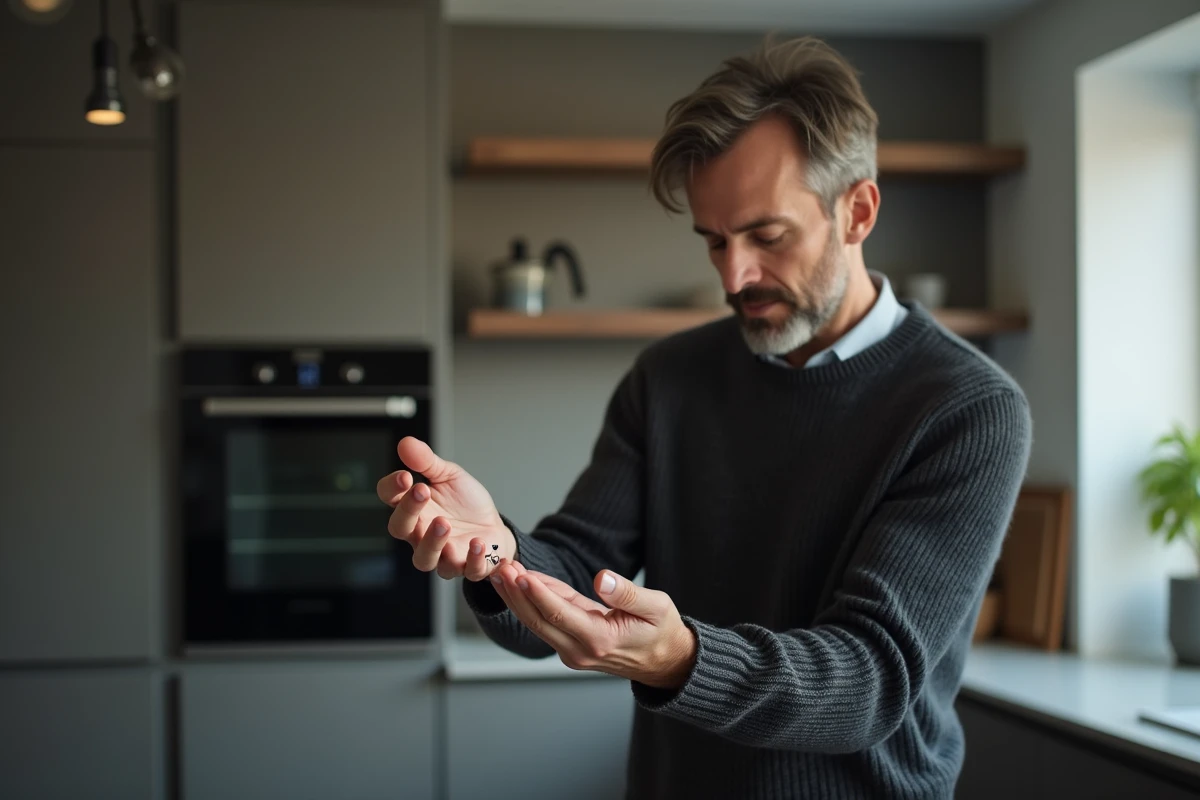 Homme dans la cuisine examinant une fourmi sur sa main