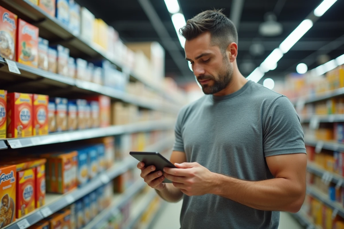 Homme lisant l'étiquette nutritionnelle d'un produit en supermarché pour vérifier l'index glycémique