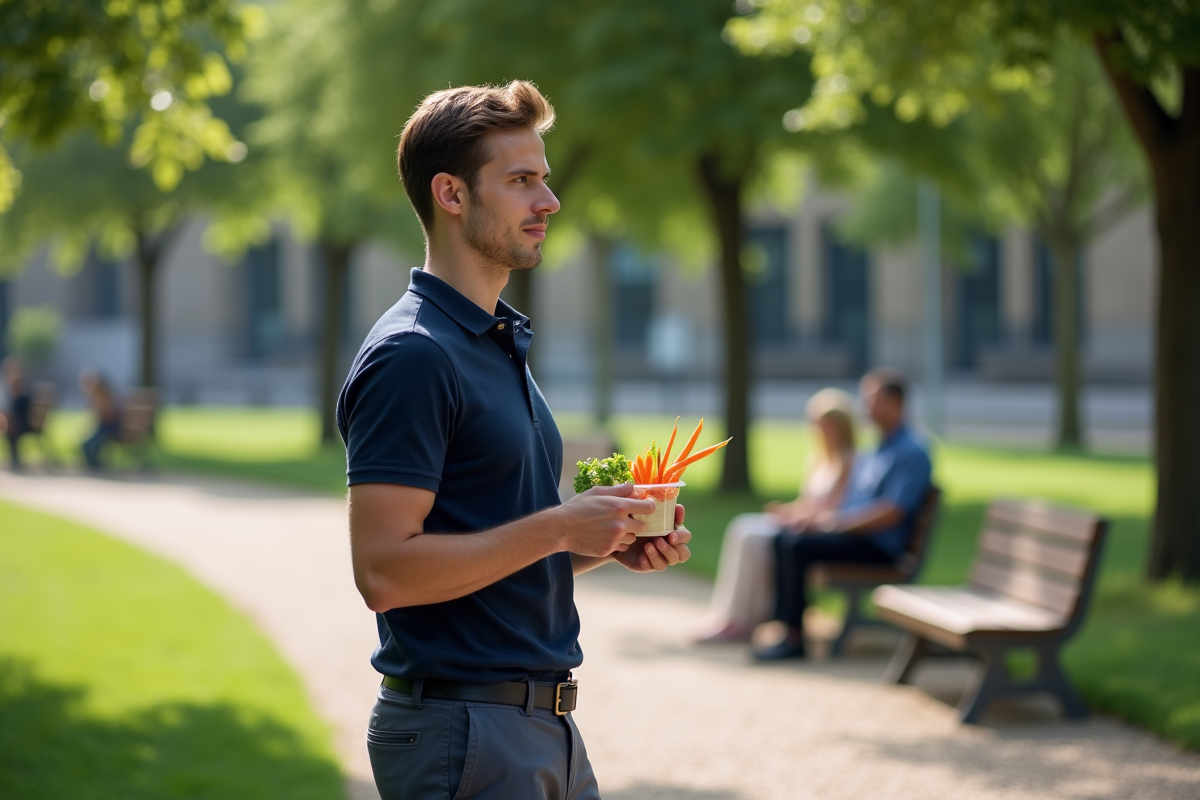 Jeune homme dégustant des légumes dans un parc urbain