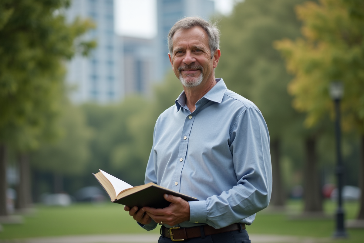 Homme lisant un livre de citations dans un parc urbain
