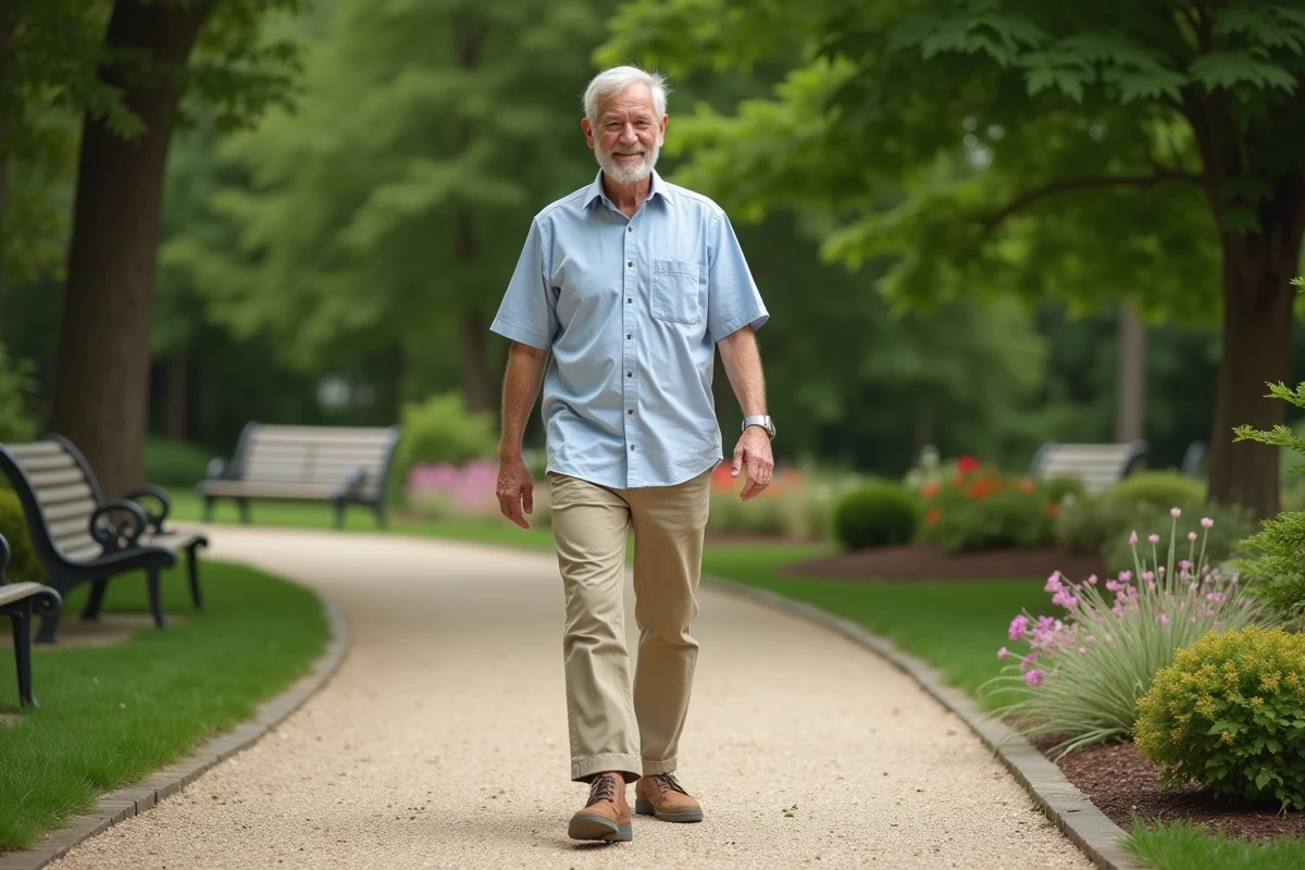 Homme âgé marchant dans un parc naturel