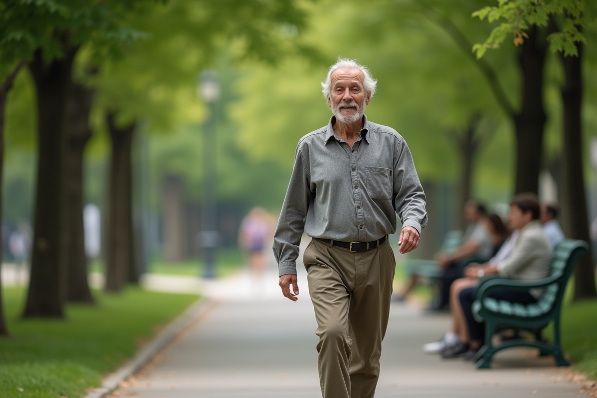 Homme âgé marchant dans un parc urbain verdoyant
