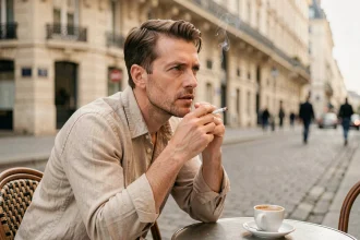 Homme tenant une cigarette Marlboro Light en terrasse de café parisien, atmosphère urbaine authentique