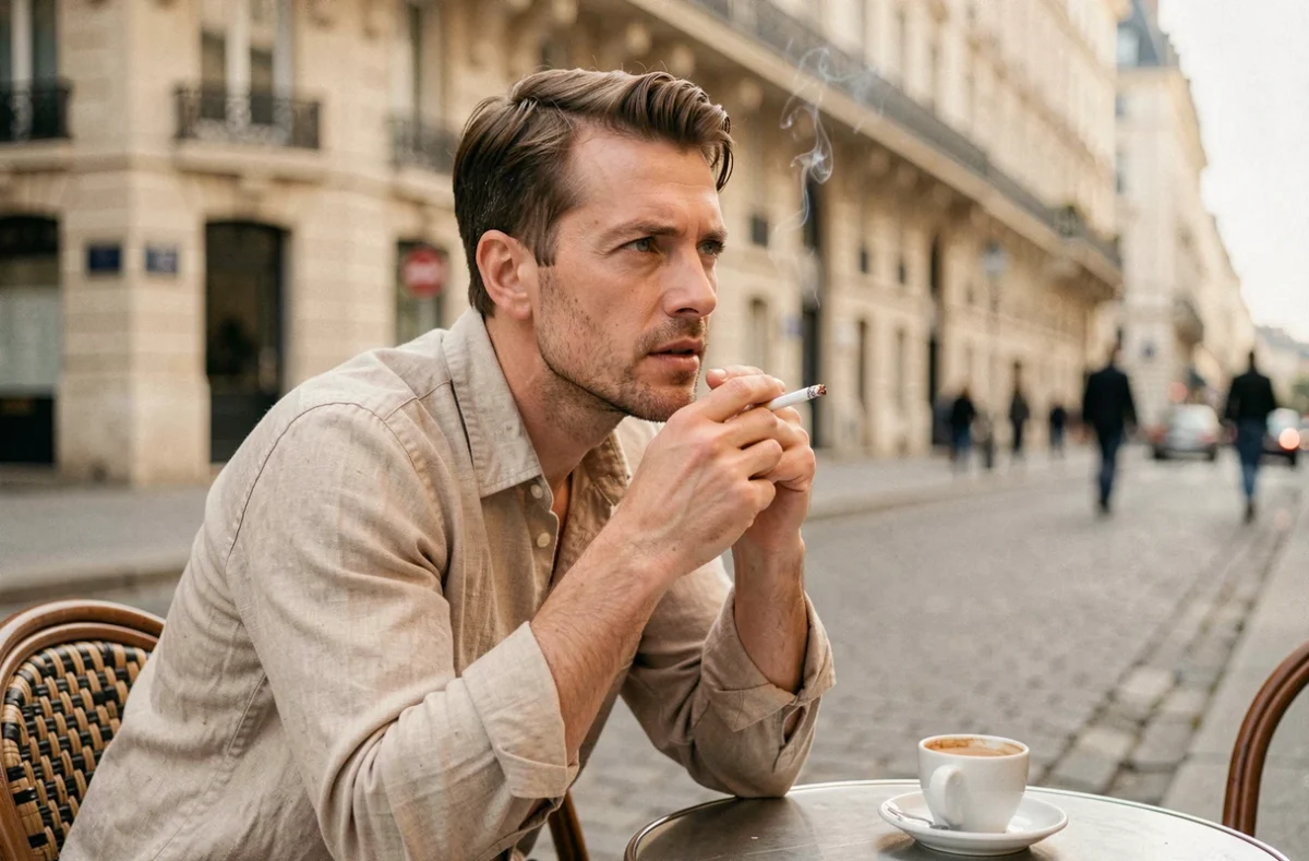 Homme tenant une cigarette Marlboro Light en terrasse de café parisien, atmosphère urbaine authentique
