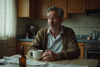 Homme d'âge moyen seul à la cuisine fatigué