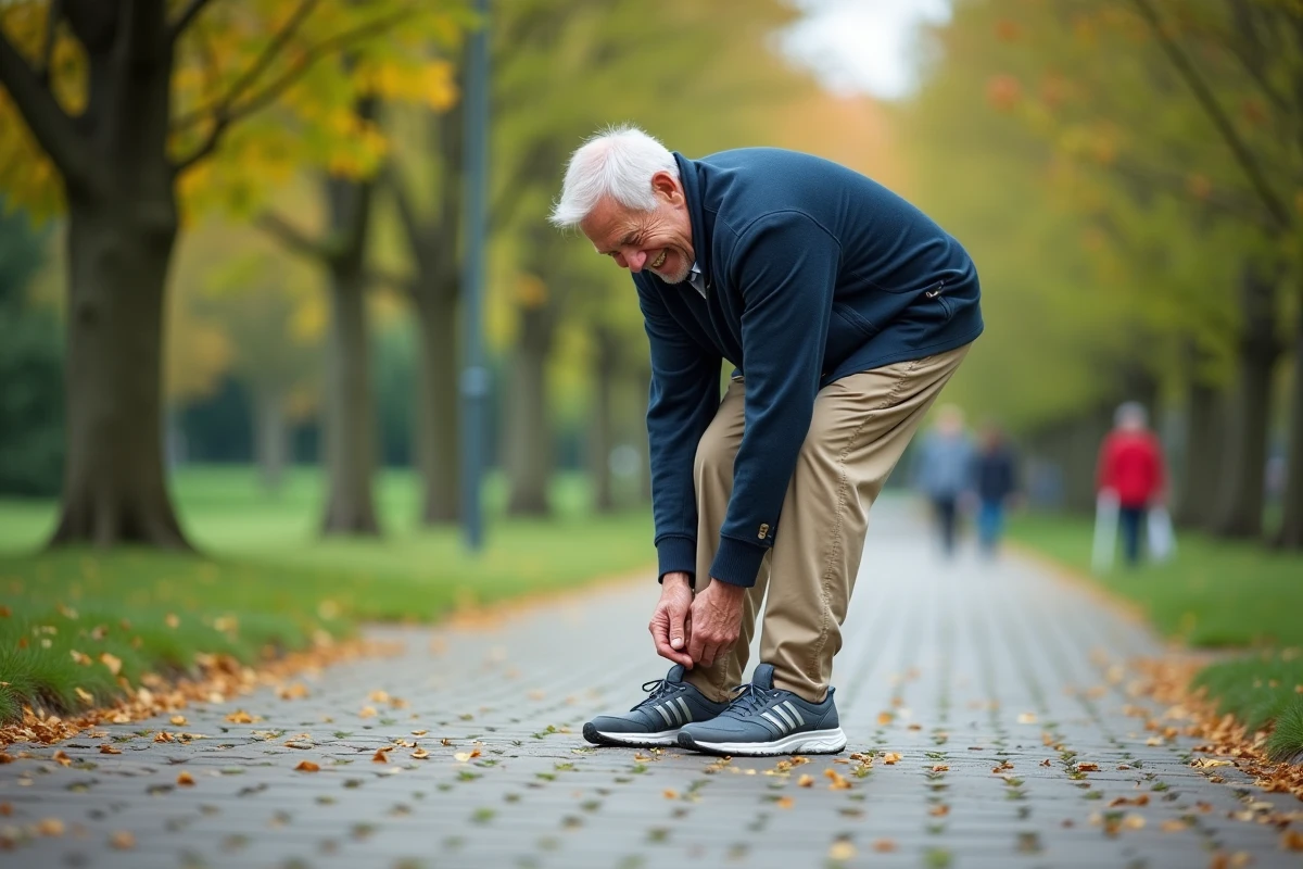 Homme âgé ajustant ses sneakers orthopédiques dans un parc en plein air