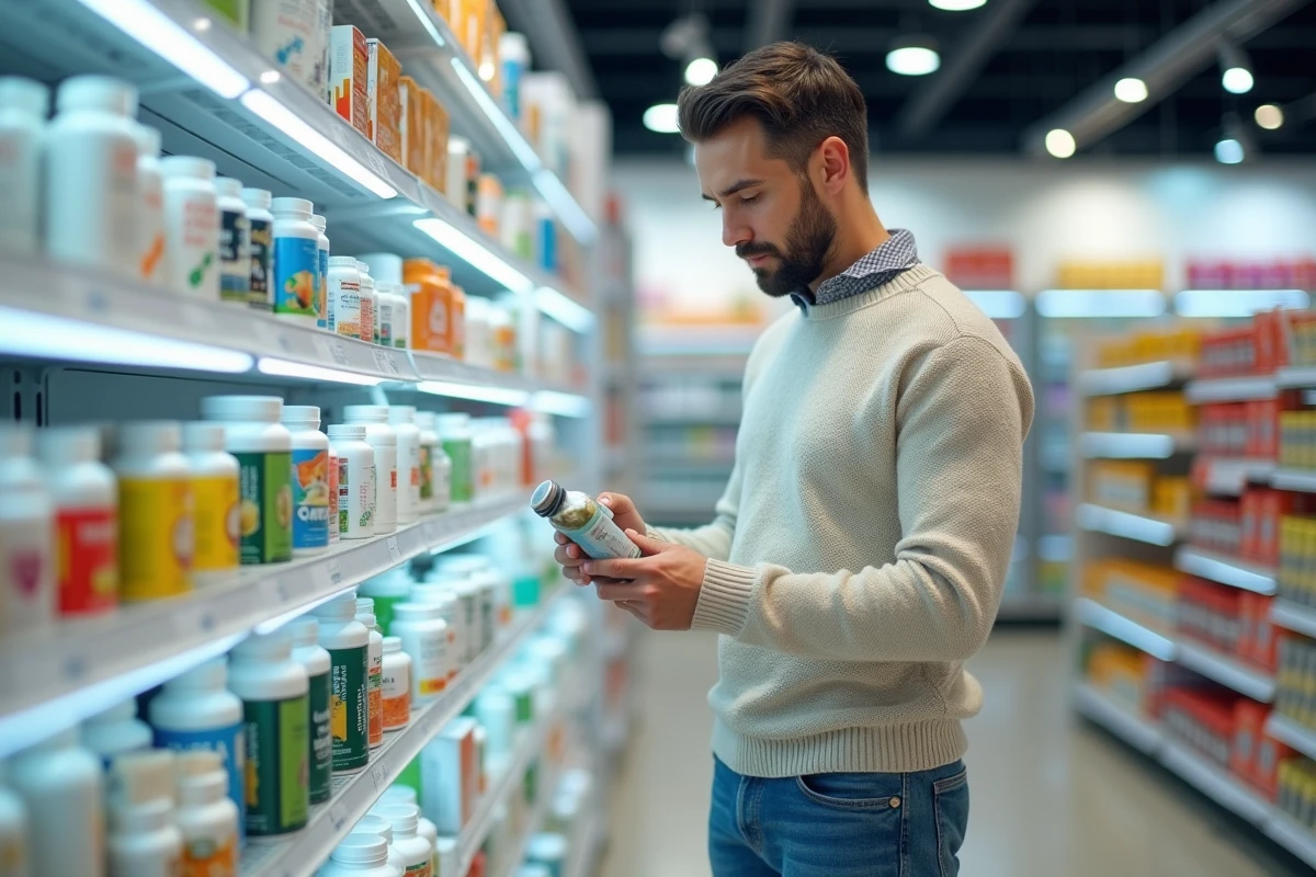 Homme examinant un box de supplément dans une pharmacie moderne
