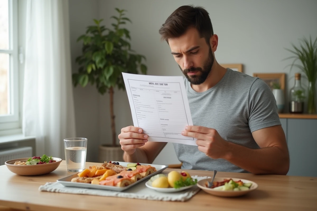 Homme consultant un plan nutritionnel hebdomadaire issu d'une box régime avec des collations saines sur une table