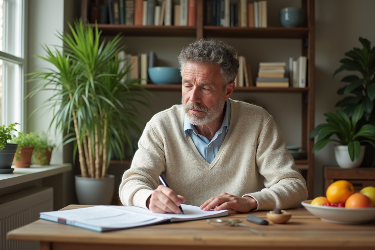 Homme écrivant ses plans repas dans un bureau lumineux
