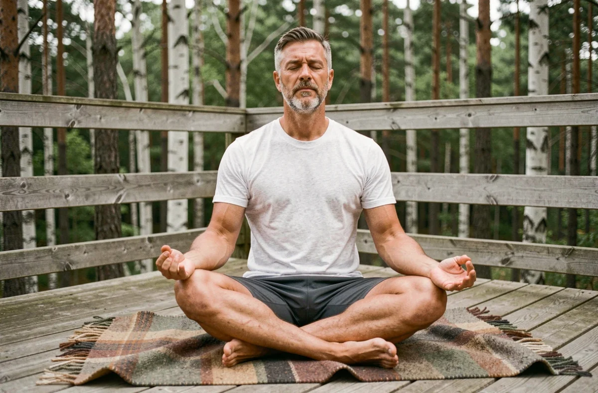 Homme en posture de lotus modifiée sur une terrasse en bois entourée de forêt de pins et de bouleaux