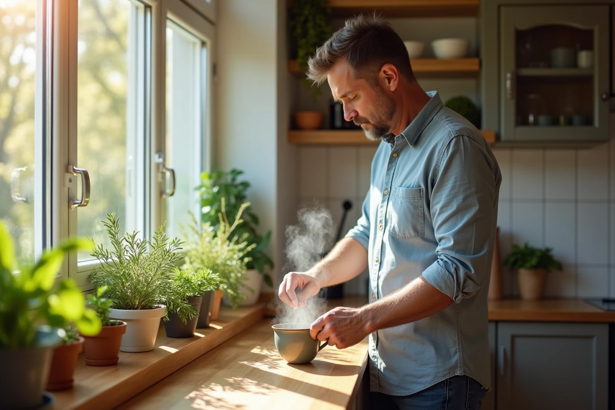 Homme pr&eacute;parant une infusion d