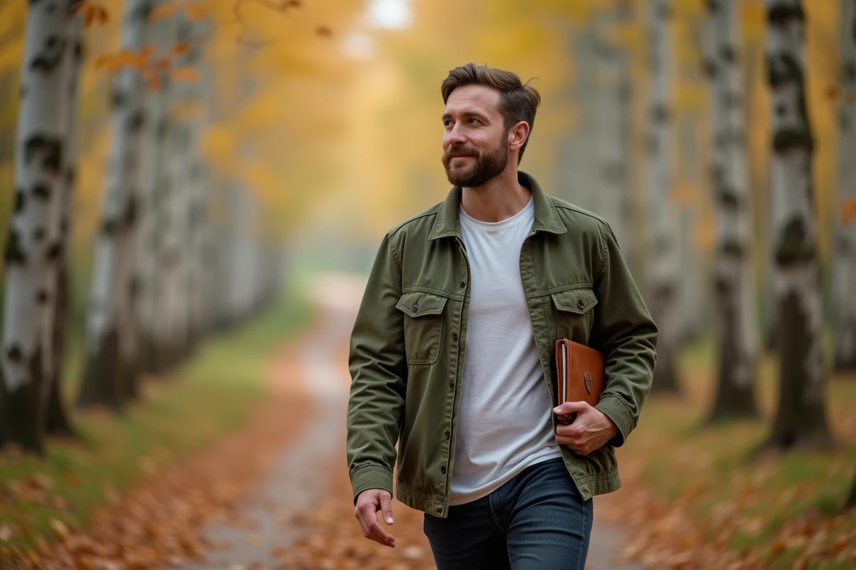 Homme paisible se promenant sur un sentier forestier avec un journal, illustrant une vie sereine et équilibrée