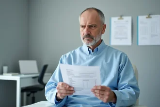 Homme d'âge moyen examinant ses résultats d'analyse sanguine montrant un taux élevé de gamma GT en cabinet médical
