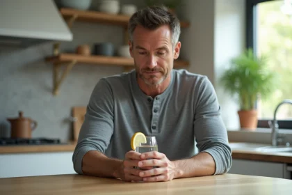Homme de 42 ans tenant un verre d'eau dans une cuisine moderne, symbolisant un mois sans alcool pour la santé du foie