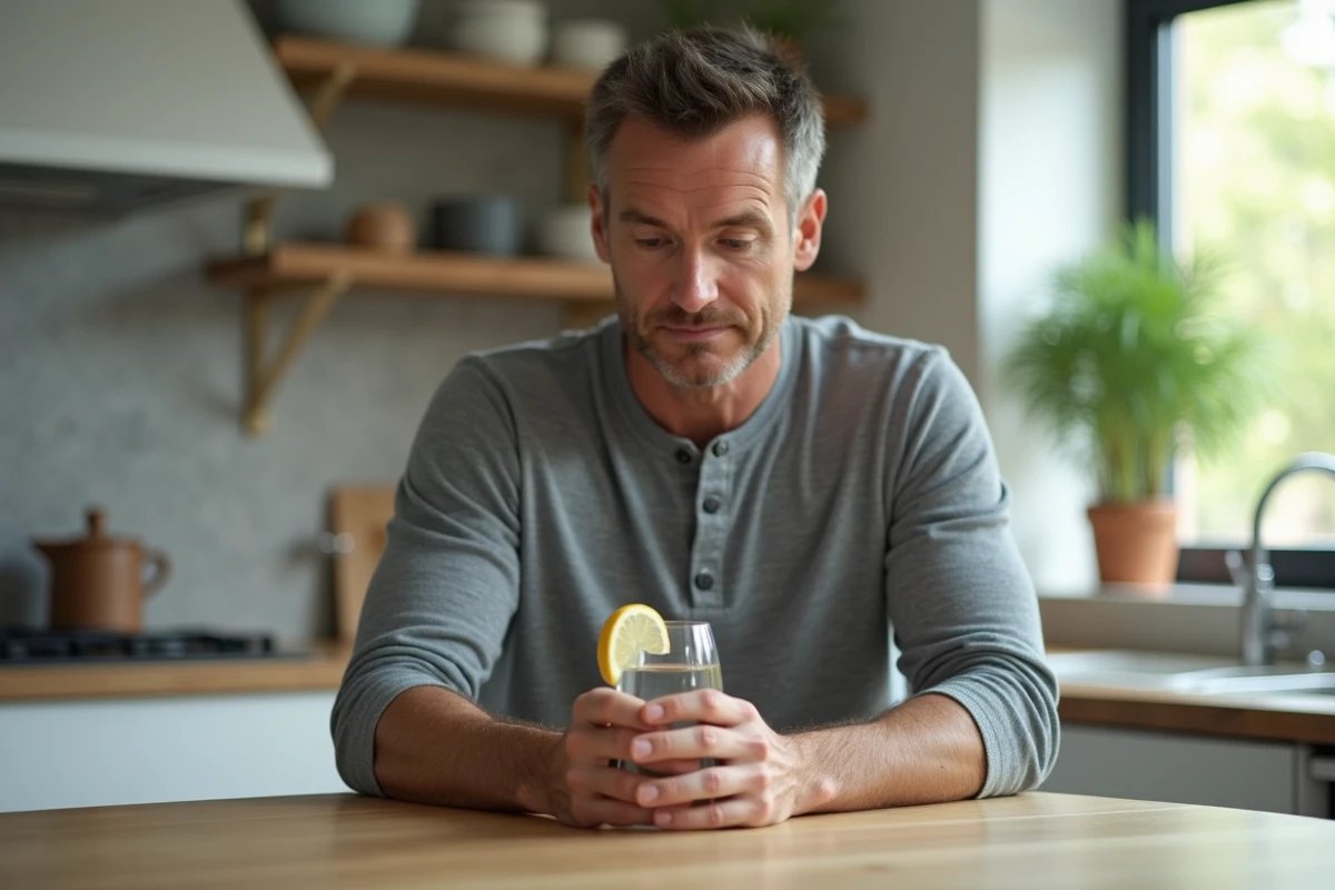 Homme de 42 ans tenant un verre d'eau dans une cuisine moderne, symbolisant un mois sans alcool pour la santé du foie