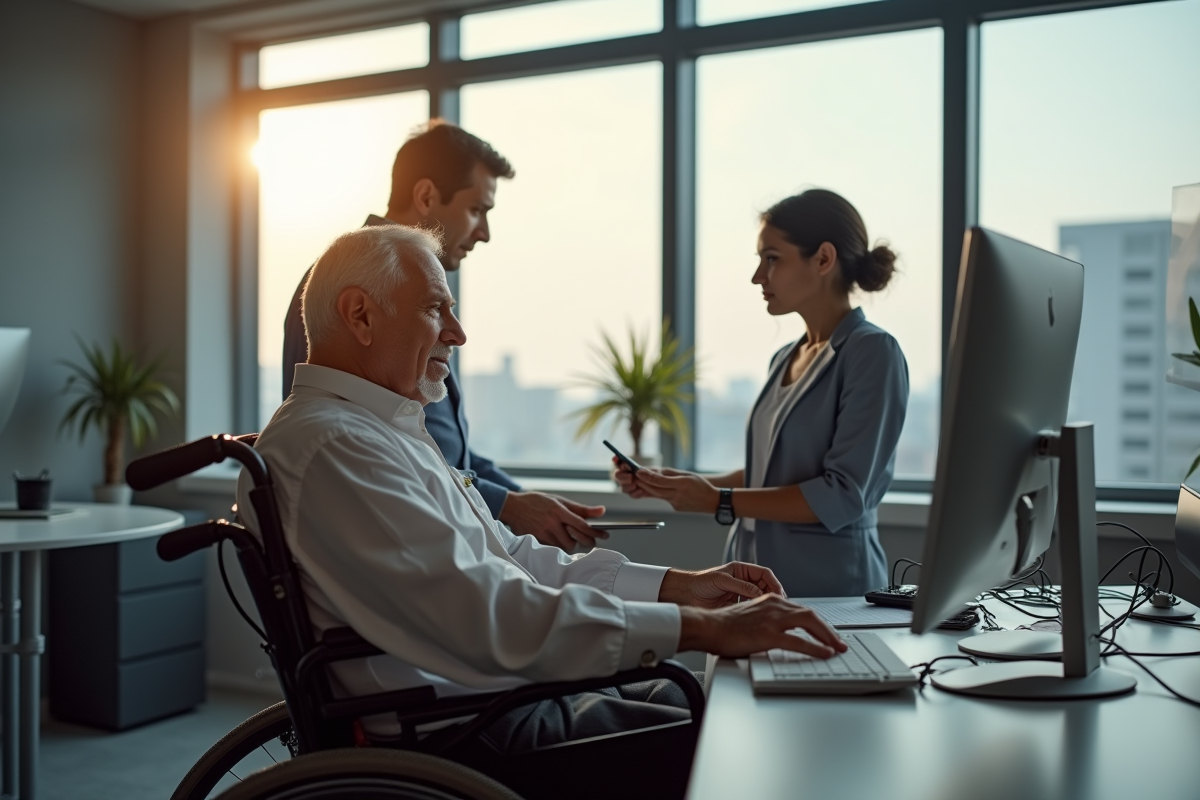 Homme en fauteuil au bureau collabore avec collègues