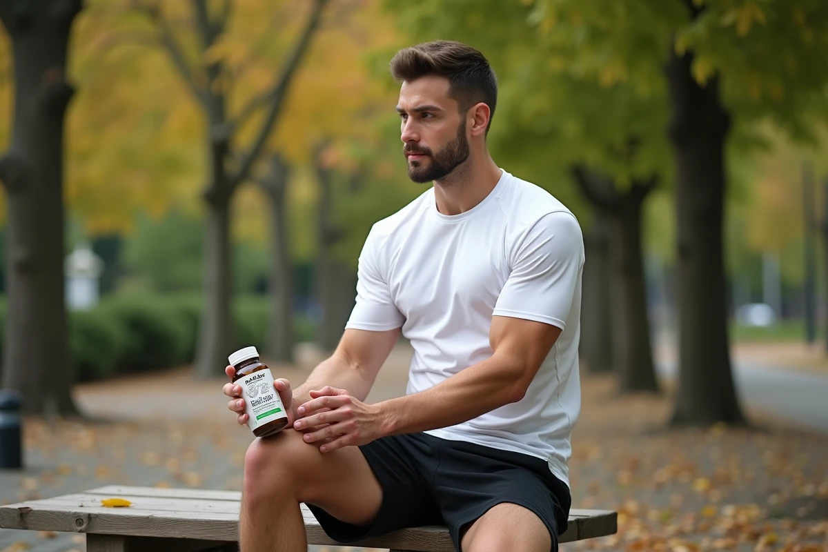 Homme sportif en plein air se étirant après une course et tenant un supplément postbiotique dans un parc urbain en automne