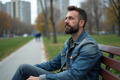 Homme d'âge moyen assis seul sur un banc de parc urbain
