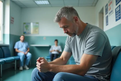 Homme aux urgences avec un doigt gonflé attendant une consultation médicale