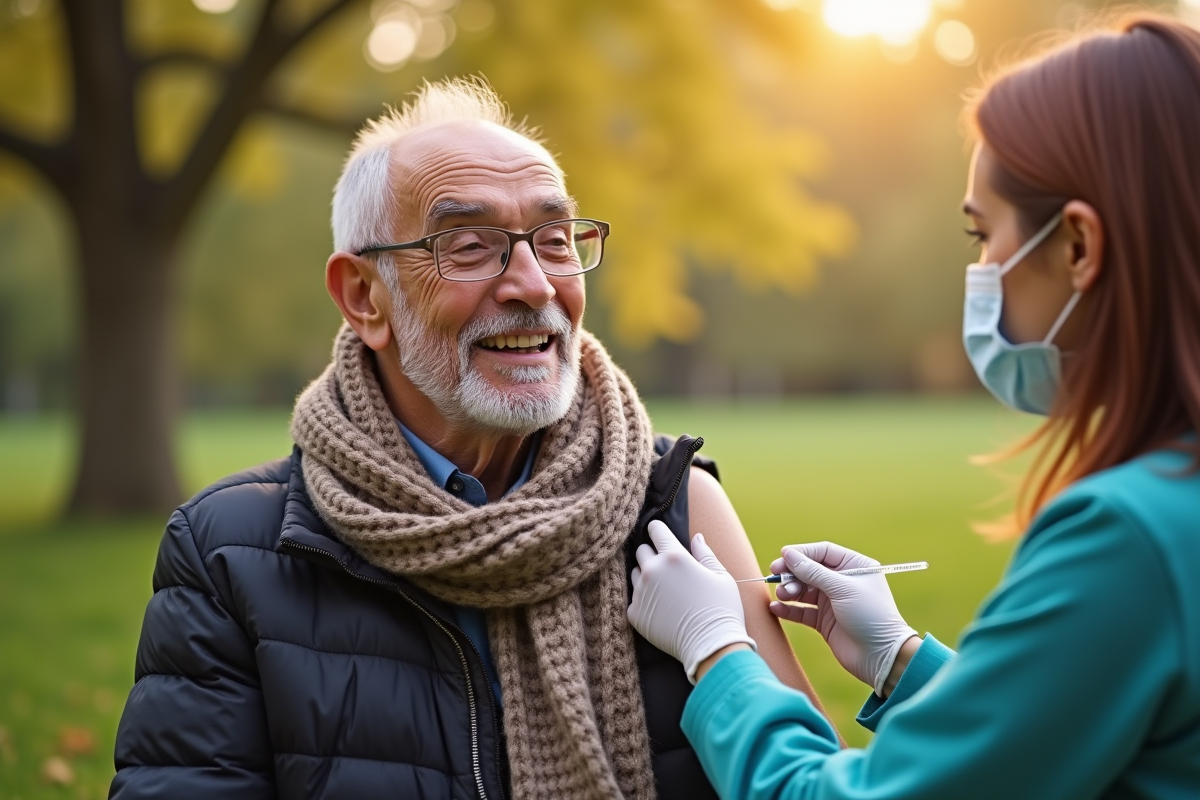 Homme age recevant un vaccin dans un parc en plein air