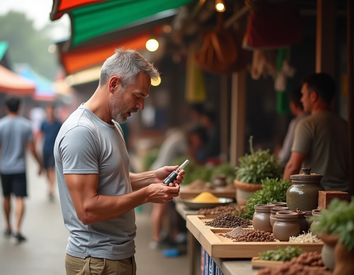 Homme découvrant un inhaleur Yadom thaïlandais sur un marché traditionnel de Chiang Mai