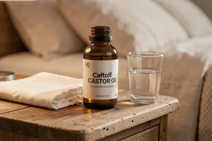 Petite bouteille d'huile de ricin ambrée posée sur une table de nuit en bois rustique avec un verre d'eau, dans une ambiance de chambre à coucher cosy