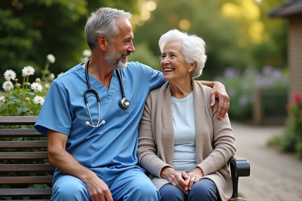 Infirmier mature dans un jardin avec une femme âgée