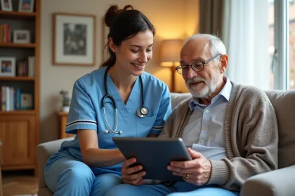 Infirmière à domicile aidant un patient âgé à utiliser la plateforme NETSoins sur une tablette numérique dans un salon chaleureux