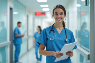 Infirmière souriante en blouse bleue dans un couloir d'hôpital