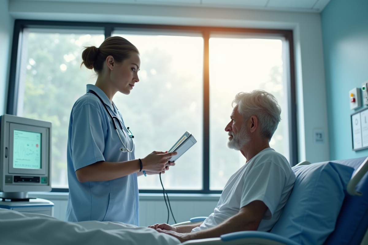 Infirmière vérifiant les signes vitaux dans une salle lumineuse