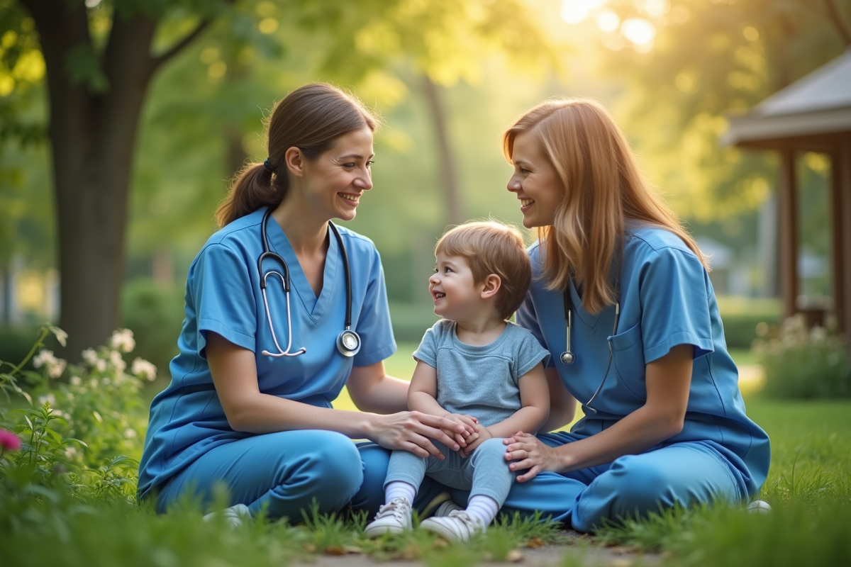 Infirmière avec famille dans un jardin hospitalier lumineux