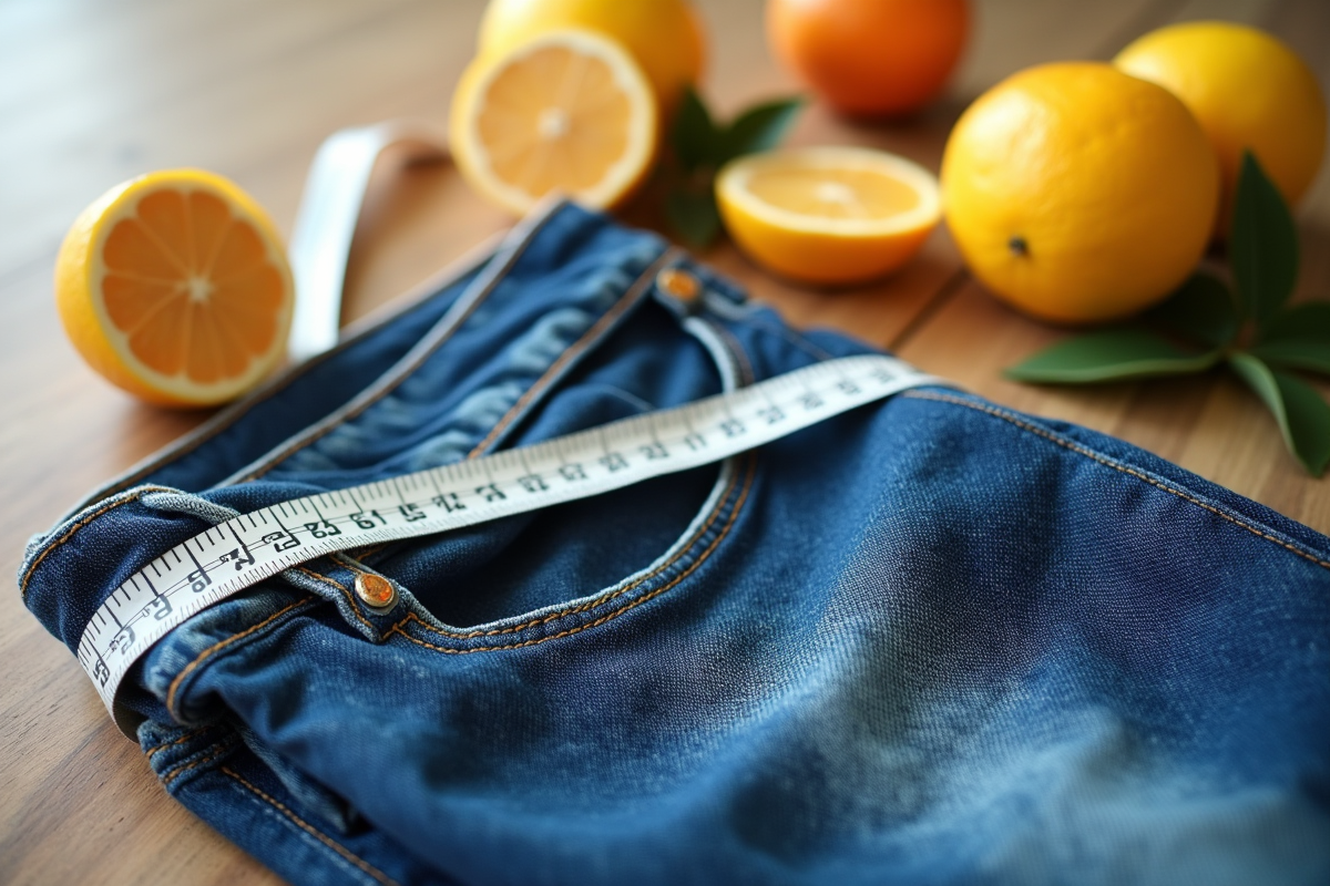 Jeans amples avec ruban de mesure et agrumes tranchés sur une table en bois
