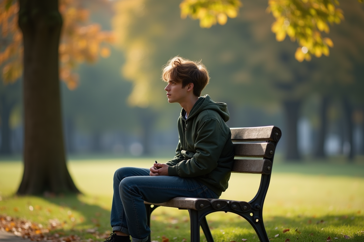 Jeune adulte seul sur un banc dans un parc en journée