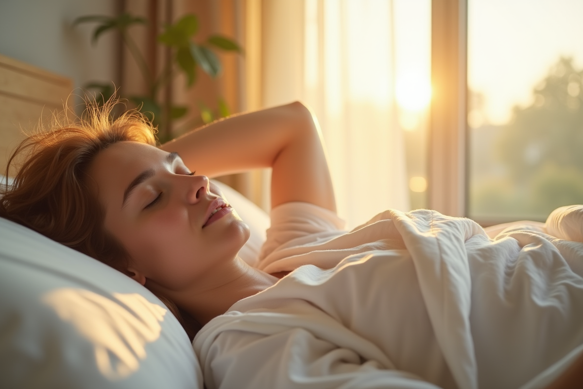 Jeune adulte se réveillant paisiblement dans une chambre lumineuse
