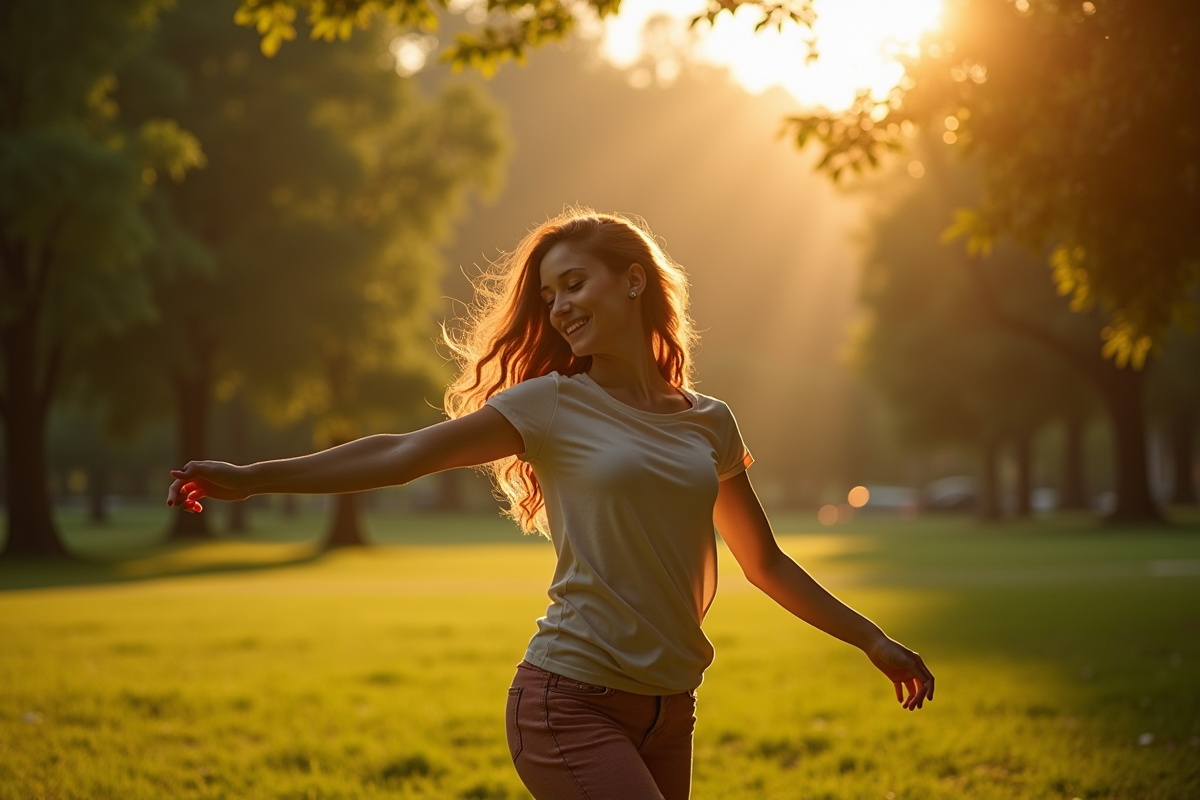 Jeune femme dansant dans un parc au lever du soleil