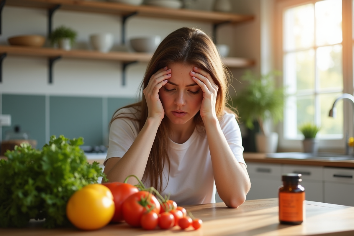 Jeune femme fatiguée touchant son front avec légumes frais