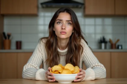 Jeune femme h&eacute;sitant avant de manger des chips dans la cuisine