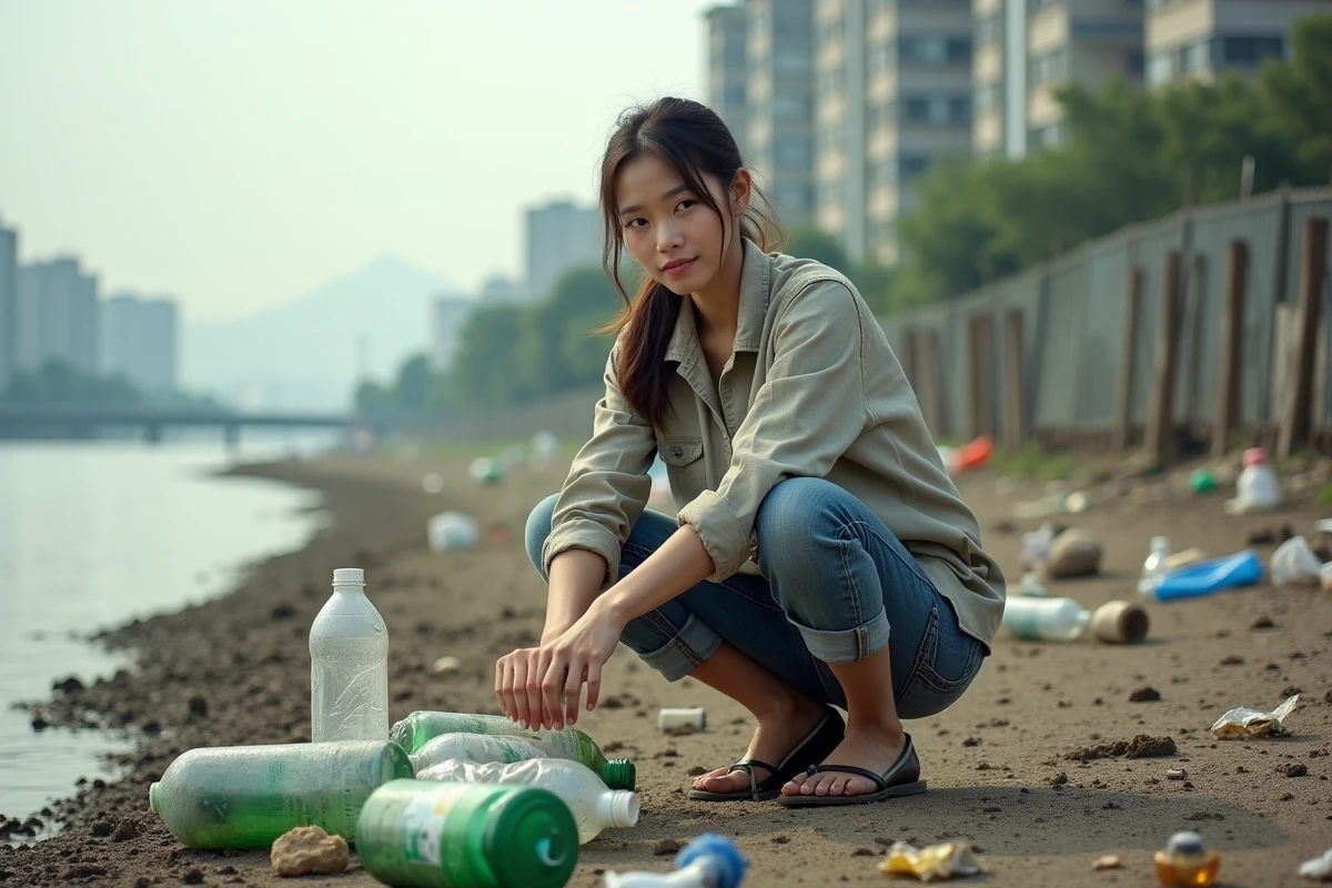 Jeune femme ramassant des bouteilles en plastique au bord de la rivière