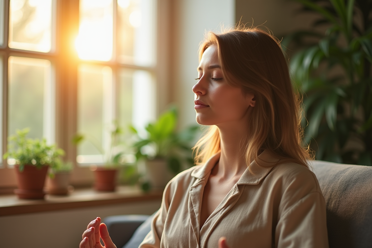 Jeune femme pratiquant la respiration profonde près d'une fenêtre
