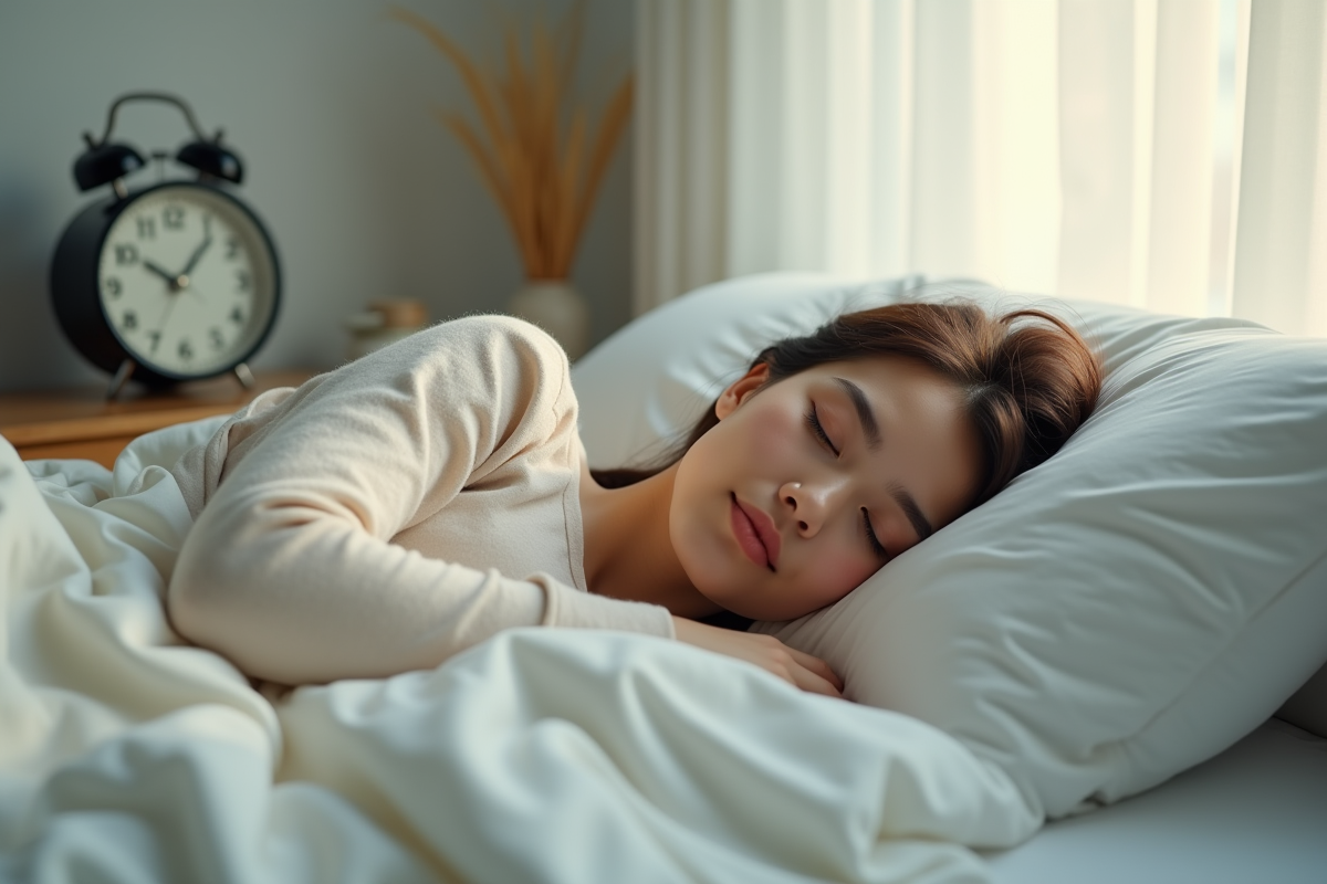 Jeune femme dormant paisiblement dans un lit blanc lumineux
