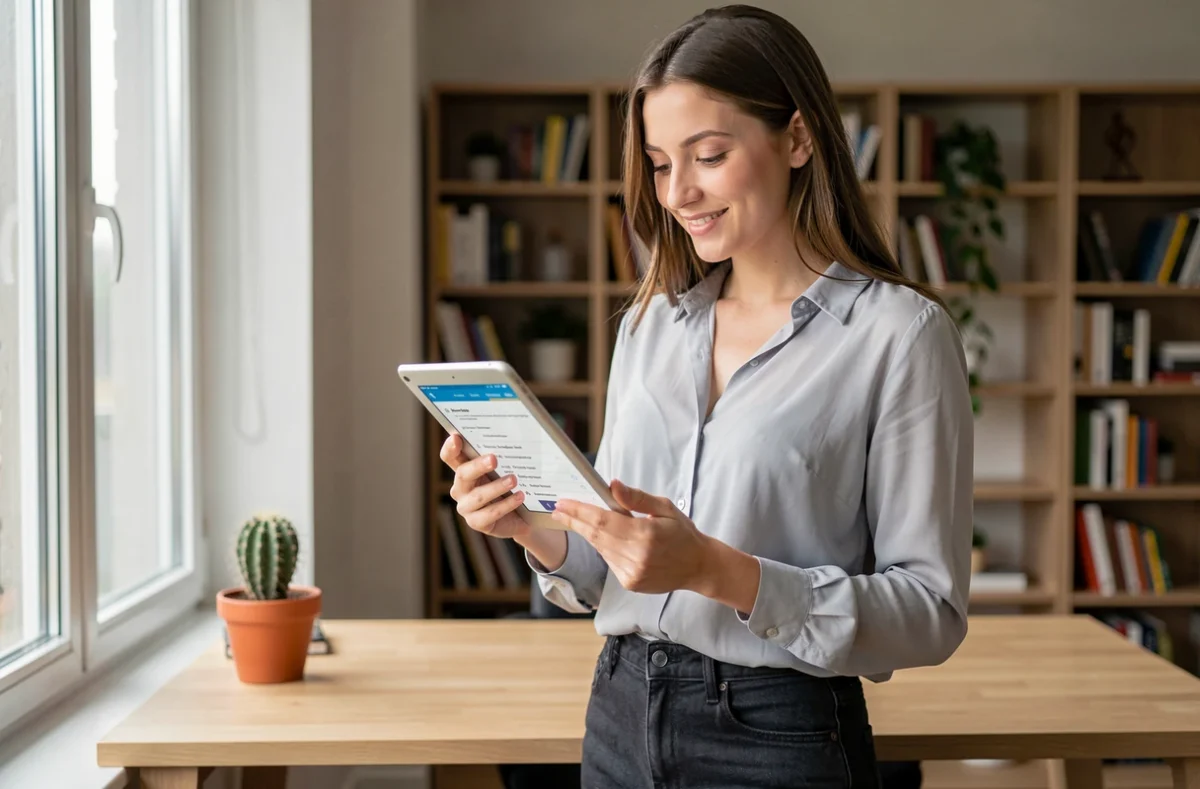Jeune femme consultant son compte KelDoc sur une tablette pour organiser les rendez-vous médicaux de ses proches
