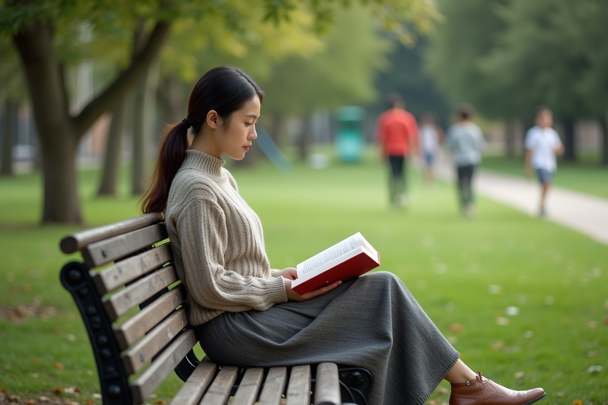 Jeune fille lisant dans un parc verdoyant