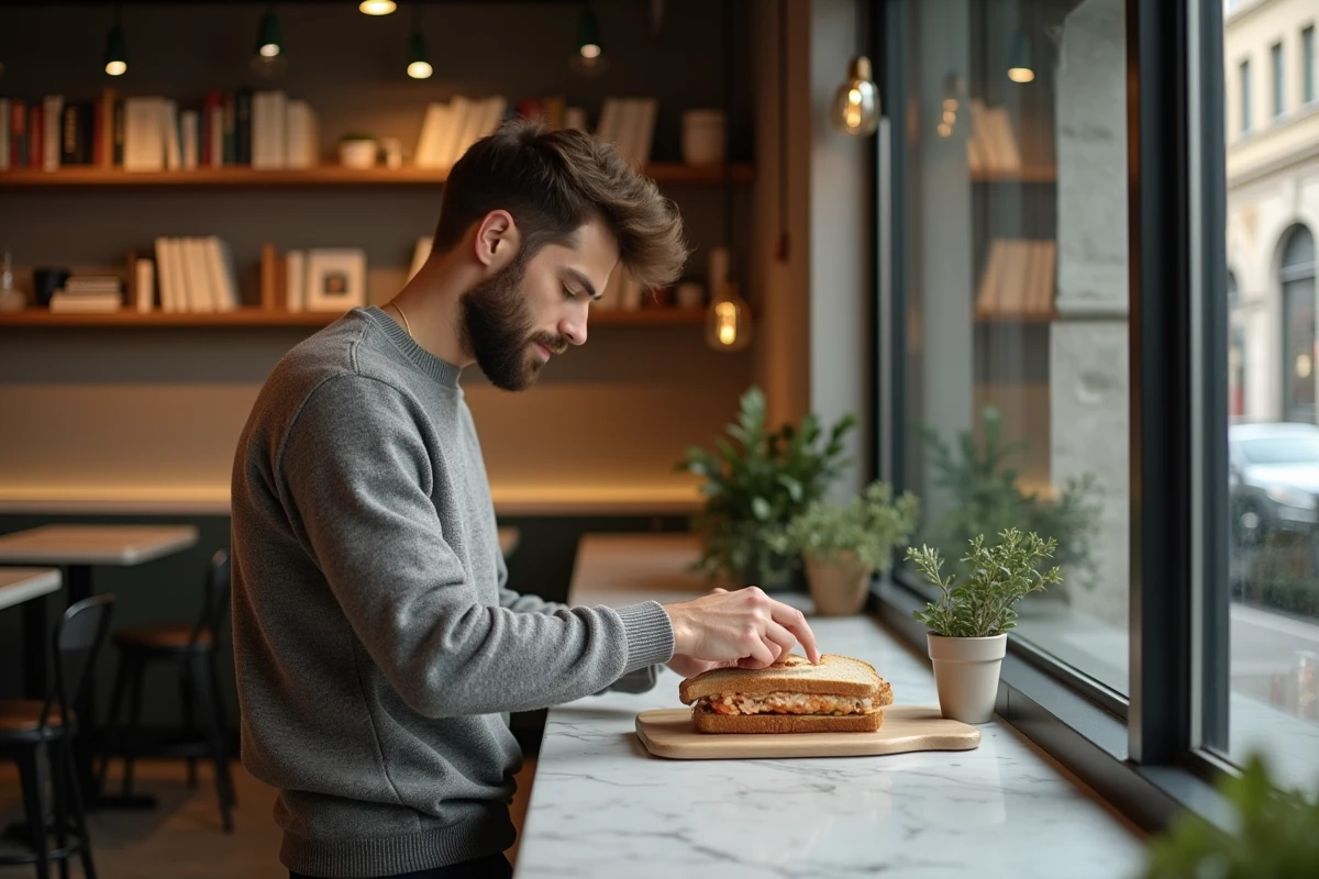 Jeune homme pr&eacute;pare sandwich au seigle dans un caf&eacute; urbain
