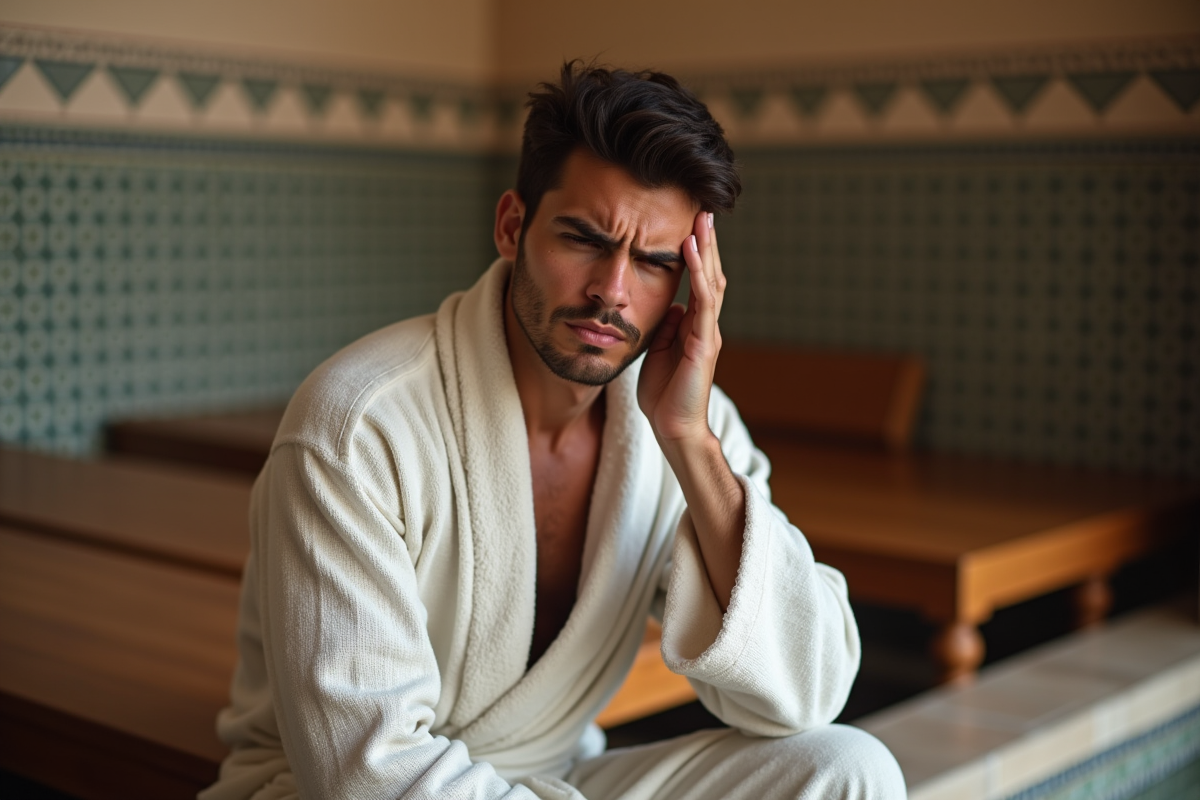 Jeune homme dans le hammam en robe légère