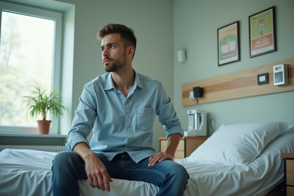 Jeune homme assis au lit d