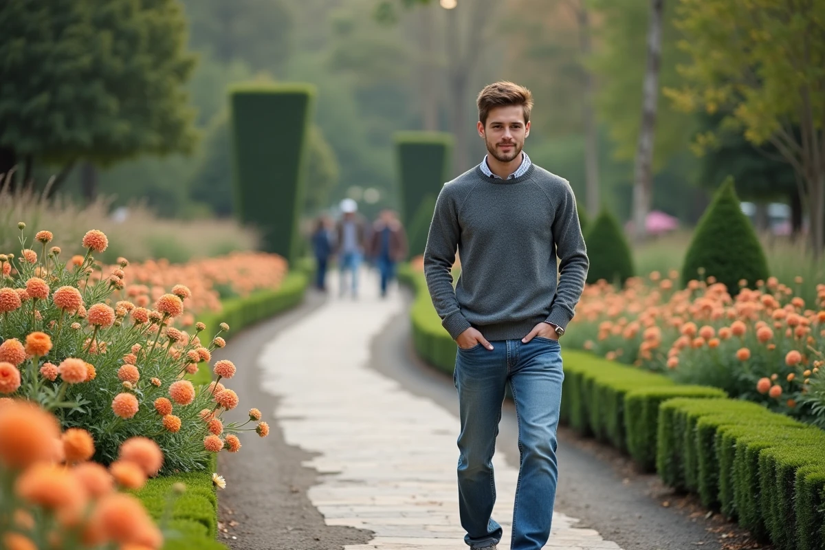 Jeune homme marchant dans un jardin botanique paisible