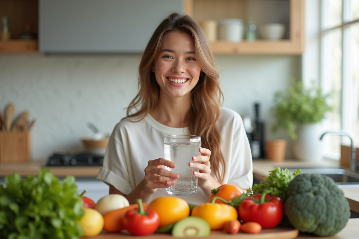 Jeune adulte souriant avec eau et fruits frais pour la sante