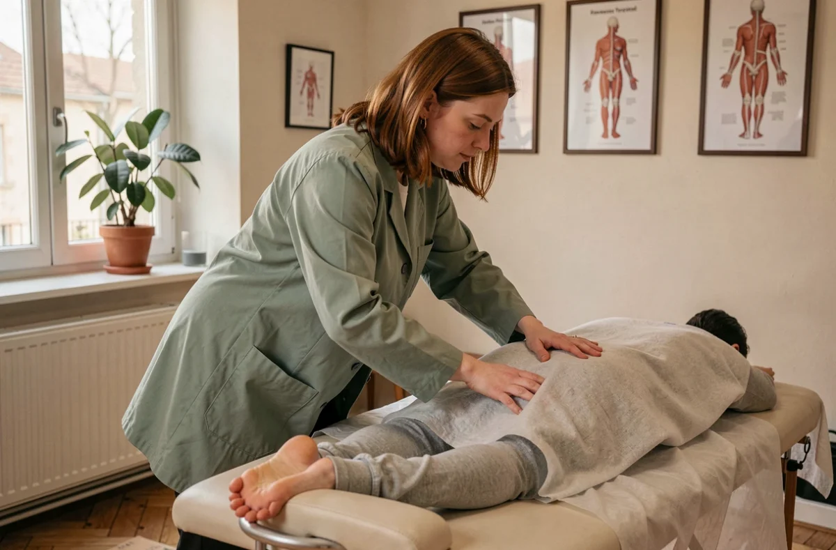 Julie Tronche ostéopathe travaillant sur le dos d'un patient dans son cabinet de Périgueux